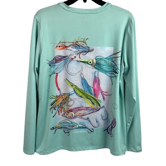 Art & Sol Tops - Art & Sol Amber Moran Womens Shirt Seafoam Fishing Lures Stretch V Neck Medium